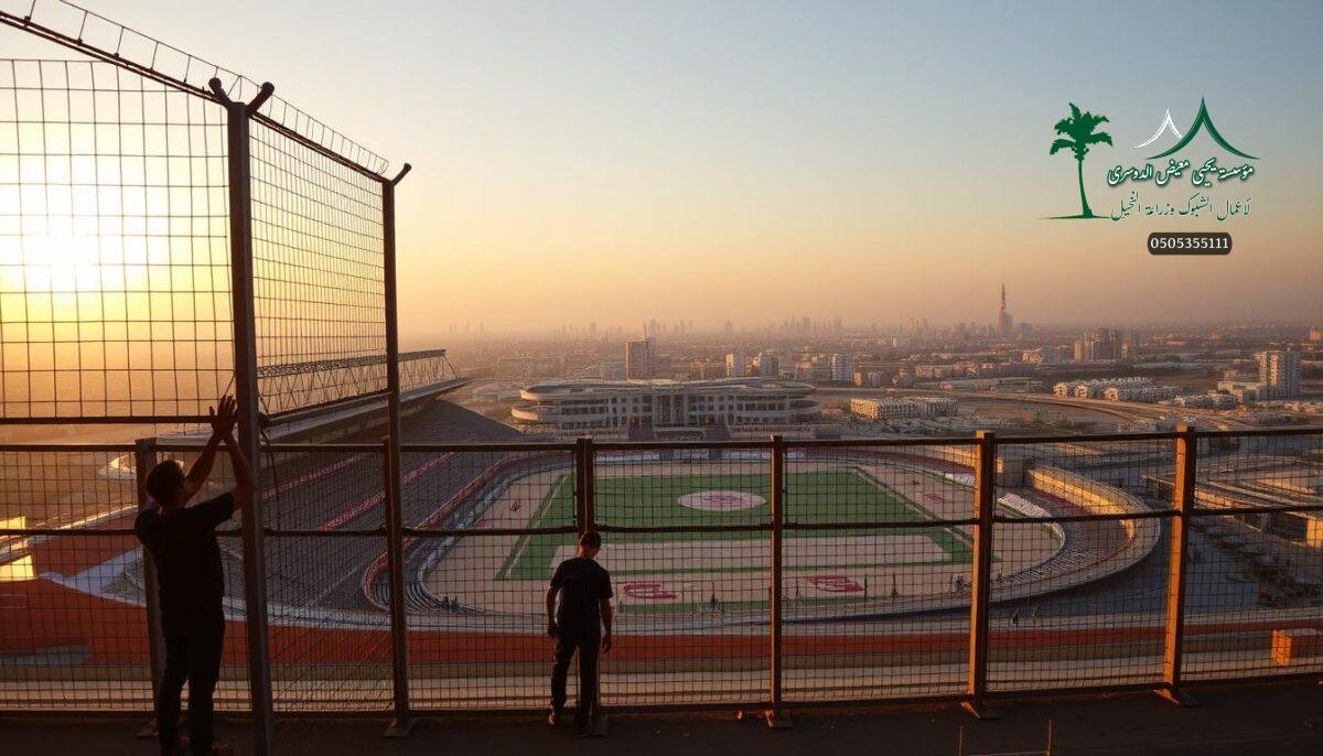 A contemporary sports stadium in Dammam, Saudi Arabia, surrounded by a robust metal mesh fencing system. The foreground showcases workers diligently installing the sturdy security barriers, their silhouettes casting long shadows under the warm, golden hues of the setting sun. In the middle ground, the sleek, modern architecture of the stadium stands tall, its clean lines and vibrant colors contrasting with the industrial nature of the fencing. The background reveals a panoramic view of the bustling city, with skyscrapers and residential areas blending seamlessly into the horizon. The overall scene conveys a sense of progress, safety, and the dedication to creating world-class sports facilities for the community.