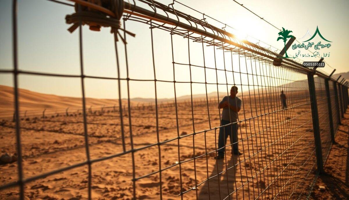 A desert landscape in Tabuk, Saudi Arabia, where skilled workers meticulously install high-quality metal mesh fencing, creating a secure perimeter for a modern farm. The foreground depicts the intricate process of weaving the sturdy wire strands, while the middle ground showcases the fence sections taking shape against the backdrop of the arid terrain. Warm sunlight filters through the mesh, casting dynamic shadows and highlighting the robustness of the materials. The overall atmosphere conveys a sense of diligence and attention to detail, as the fencing is carefully constructed to withstand the challenges of the local environment and provide reliable protection for the agricultural enterprise.