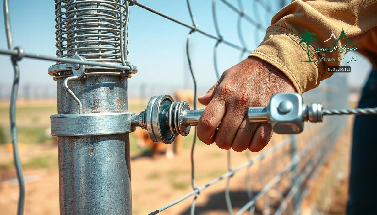 A detailed close-up of industrial-grade wire mesh, galvanized steel posts, and heavy-duty connectors used to construct a sturdy and durable security fence for a modern farm in Saudi Arabia. The fence materials are shown in natural daylight, highlighting their rugged construction and corrosion-resistant finish. A worker's hand is visible, demonstrating the scale and hands-on installation process. The overall scene conveys the reliability and longevity of the materials used to create a secure perimeter for the agricultural property.