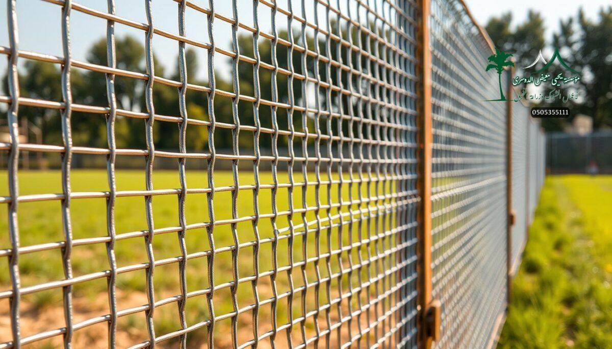 A detailed close-up view of a sturdy galvanized steel wire mesh fence, its rigid metallic strands interwoven in a uniform grid pattern. The fence panels are mounted on robust, rust-resistant metal posts, creating a sleek and durable perimeter barrier. Sunlight casts a warm glow across the finely textured surface, highlighting the corrosion-resistant zinc coating that protects the steel core. In the background, a lush green landscape suggests a modern agricultural or sports setting, underscoring the fence's versatility and suitability for various outdoor applications in Saudi Arabia's climate.