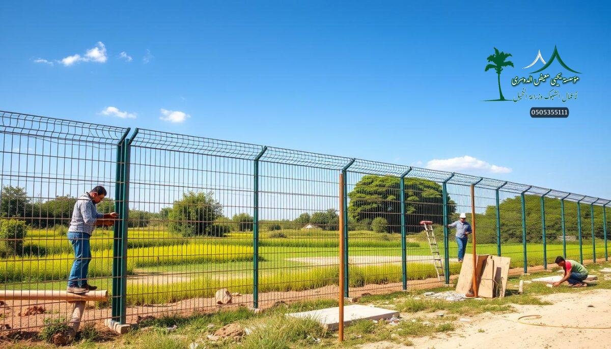 A detailed landscape showcasing a variety of modern farm, security, and sports fences in Saudi Arabia. The scene features workers carefully installing sleek metal mesh fencing against a backdrop of lush greenery and a cloudless azure sky. The fences exhibit clean lines, vibrant colors, and a mix of rustic and industrial elements, creating an atmosphere of functional elegance. Warm, natural lighting illuminates the scene, casting soft shadows and highlighting the intricate textures of the materials used. The composition emphasizes the scale and scope of the fencing installation, providing a comprehensive visual representation of the available options and pricing for 2026.
