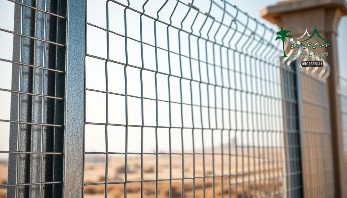 A detailed metal fence panel made of sturdy galvanized steel wires, designed to provide reliable security and durability. The fence system is installed by skilled workers, showcasing its seamless integration into the modern rural landscape of Saudi Arabia. The galvanized coating ensures long-lasting protection against corrosion, making it an ideal choice for the region's climate. Intricate patterns of interlocking wire mesh create a visually appealing and functional barrier, blending form and function. The scene is illuminated by natural light, highlighting the fence's robust construction and sleek, industrial aesthetic.