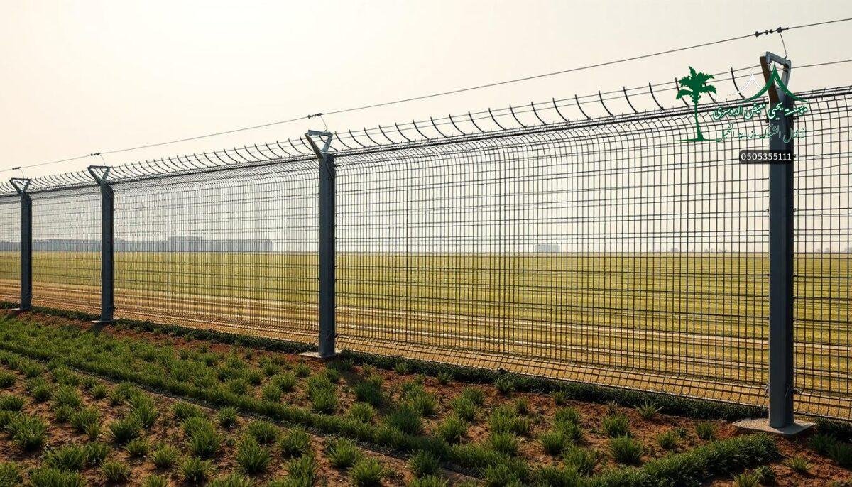 A futuristic security fence comprising rigid metallic wire mesh and electrified spikes, seamlessly integrated into a sleek, modern farm landscape in Saudi Arabia. Towering steel posts support the intricate barrier, casting dramatic shadows across the well-tended fields. Precision-engineered to deter intruders, the fence's imposing presence conveys a sense of fortified protection, while its angular design echoes the region's architectural aesthetic. Meticulously installed by a team of skilled workers, the fence stands as a testament to the balance between form and function, blending advanced security technology with a refined, visually striking aesthetic.