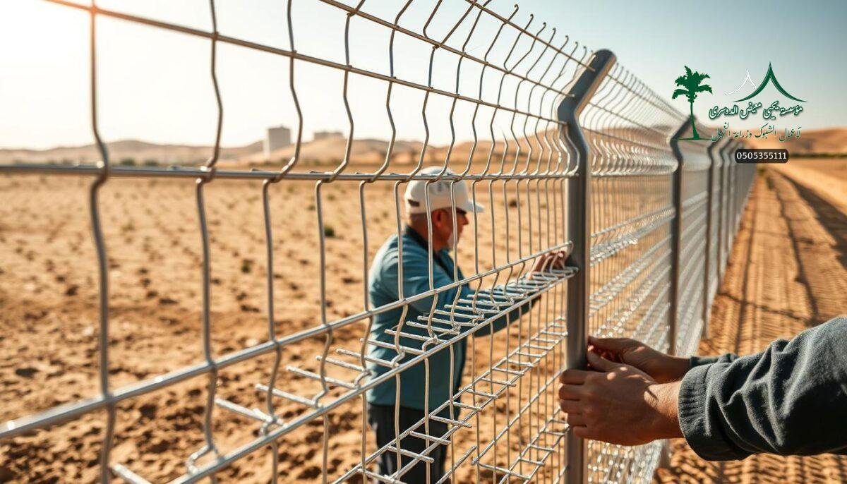 A gleaming metal mesh fence stretches across a sun-dappled Saudi Arabian farmstead. Sturdy galvanized steel bars, precisely aligned, create a robust barrier against the elements. Intricate patterns of interlocking wires form a secure grid, reflecting the rays of the warm desert sun. In the foreground, skilled workers carefully install the durable fencing, their hands deftly manipulating the rigid yet flexible material. The scene exudes a sense of strength, reliability, and unwavering protection - the hallmarks of a high-quality, rust-resistant metal mesh system designed to safeguard modern agricultural landscapes.