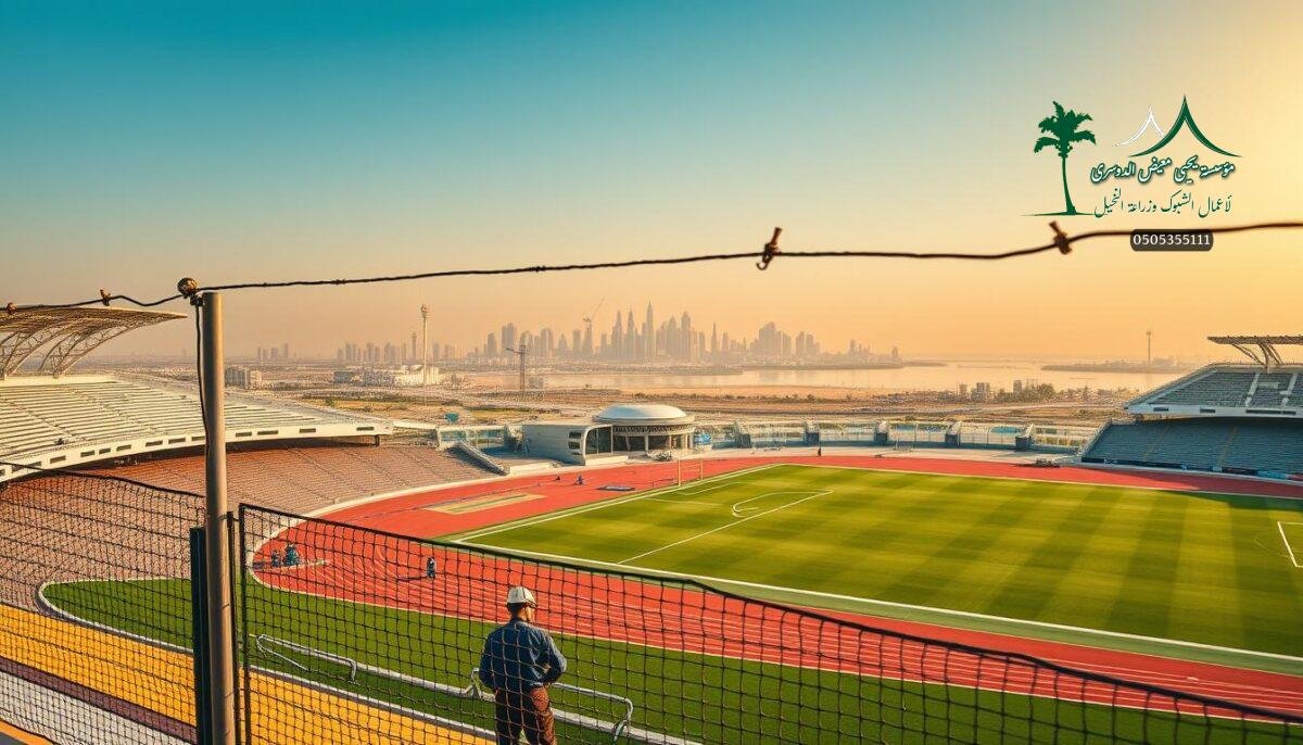 A grand sports complex in Dammam, Saudi Arabia, 2026. The foreground features a team of skilled workers diligently installing sturdy metal mesh fencing around the perimeter of the athletic fields. The middle ground showcases the sprawling, state-of-the-art facilities, including modern grandstands and pristine playing surfaces. In the background, the cityscape of Dammam rises, a testament to the region's progress and commitment to sports infrastructure. Warm, golden sunlight bathes the scene, creating a sense of vibrance and vitality. The mesh fencing, strong and resilient, serves as a protective barrier, ensuring the safety and security of the athletes and spectators alike.