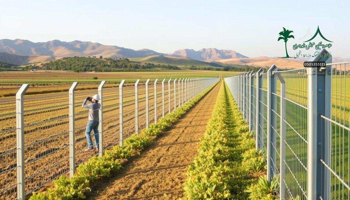 A high-quality, commercially available farm fence system in Tabuk, Saudi Arabia, featuring sleek metallic panels and sturdy support posts. The fence stretches across a well-manicured field, its clean lines and gleaming finish reflecting the afternoon sun. In the foreground, skilled workers methodically install the fence, their movements precise and efficient. The background features a picturesque landscape of rolling hills and vibrant greenery, creating a serene and professional atmosphere. The overall scene conveys a sense of modernity, durability, and attention to detail, perfectly suited for showcasing the latest fencing solutions for the Tabuk agricultural market in 2026.