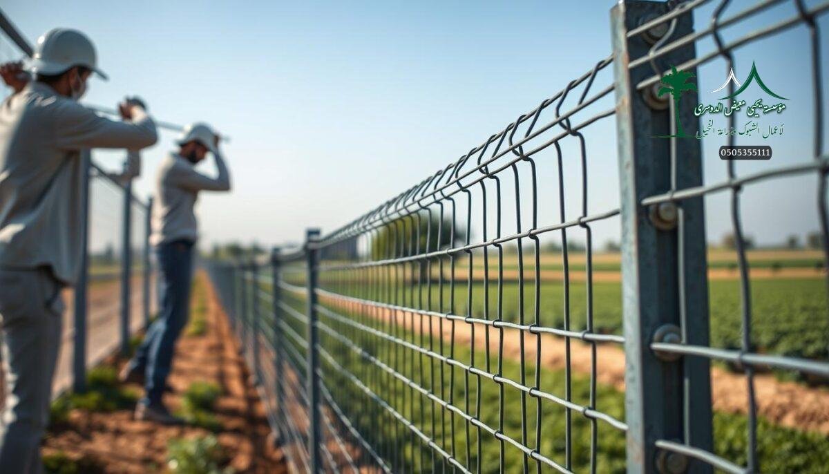 A high-quality, comprehensive fence installation scene in the Jouf region of Saudi Arabia. In the foreground, skilled workers carefully assemble a robust metal mesh fence, securing the perimeter of a modern farm. The middle ground showcases the fence's intricate design, featuring sharp edges and a sturdy, interlocking structure. In the background, lush greenery and a clear blue sky create a serene, pastoral atmosphere. The lighting is natural and diffused, casting gentle shadows that accentuate the fence's industrial yet elegant aesthetic. The overall scene conveys a sense of security, modernity, and the harmonious integration of agricultural and infrastructure elements within the Jouf landscape.