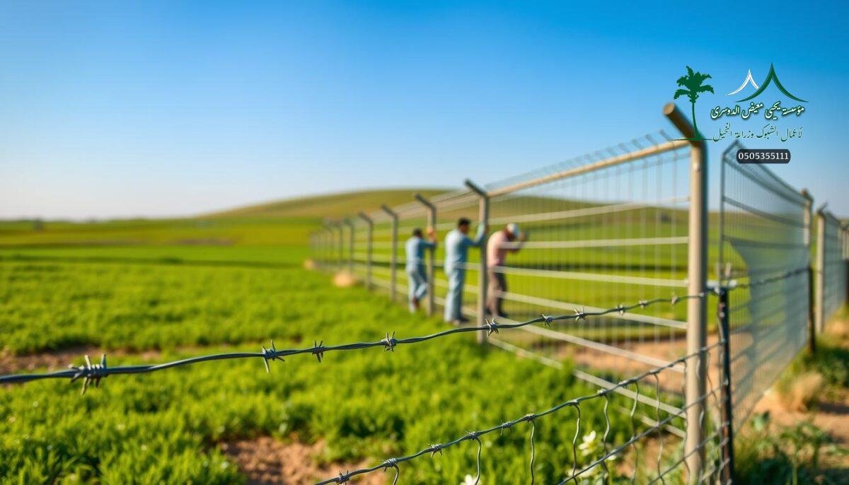 A high-quality, detailed image of a modern farm in Saudi Arabia, showcasing various types of security and sports fences. In the foreground, sharp barbed wire fences and sturdy electric mesh fencing, meticulously crafted to protect the property. In the middle ground, workers carefully installing the robust metal mesh fences, ensuring a secure and reliable perimeter. The background features a lush, verdant landscape, with a clear blue sky overhead, creating a serene and picturesque setting. The lighting is natural and warm, emphasizing the texture and materiality of the fencing materials. The overall mood is one of professionalism, security, and attention to detail, reflecting the high-quality standards of farm fencing in Riyadh in 2026.