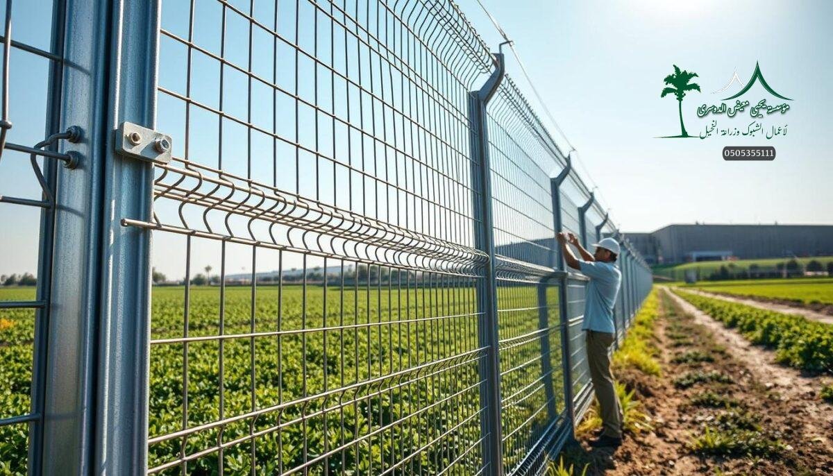 A high-quality, durable metal mesh fence being installed on a modern farm in Jubail, Saudi Arabia. The fence stands tall, its sturdy steel posts and interwoven wire panels creating a strong, secure barrier. Skilled workers methodically attach the mesh, ensuring a seamless, uniform installation. Sunlight glints off the metallic surface, highlighting the fence's sleek, industrial aesthetic. In the background, lush greenery and clear blue skies set the scene, conveying a sense of tranquility and productivity. The fence's robust construction and meticulous craftsmanship evoke a strong, reliable, and long-lasting quality.