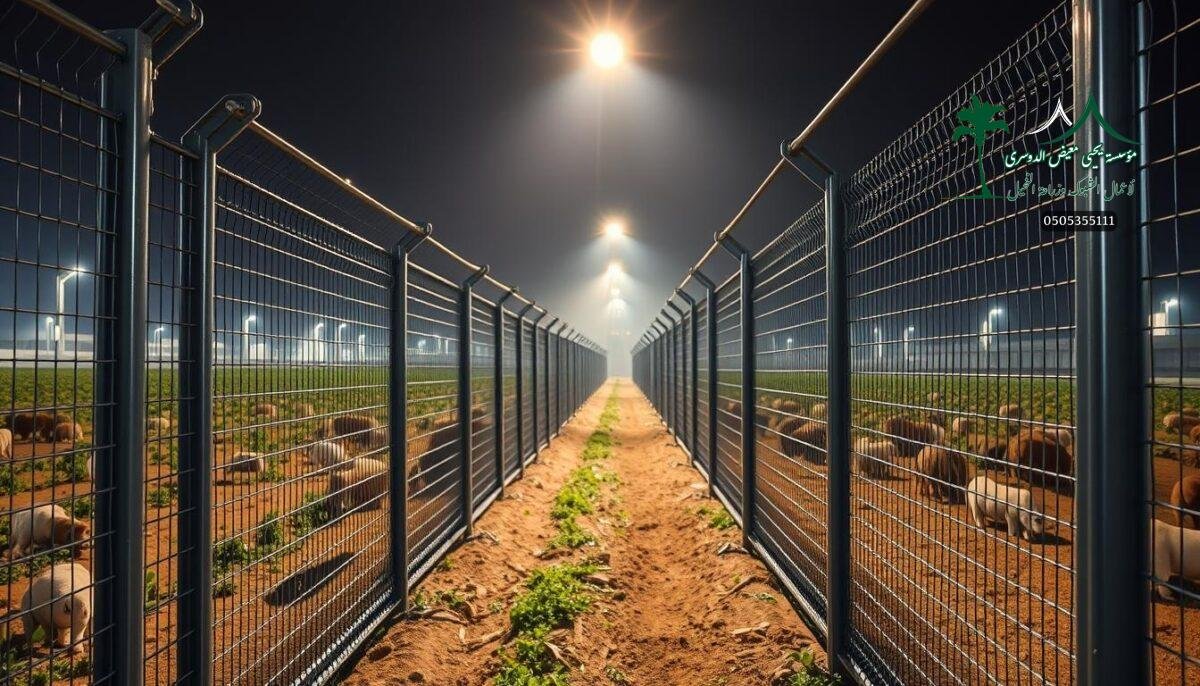 A high-quality, durable metal mesh security fence adorns the perimeter of a thriving modern farm in Saudi Arabia. Sturdy iron bars and poles in a sleek industrial gray form the sturdy frame, with intricate woven wire panels providing robust protection. Skilled workers meticulously install the fence, ensuring a seamless, professional finish that blends form and function. Precise lighting accentuates the fence's clean lines and angular geometry, creating a bold, contemporary aesthetic. The scene exudes an air of strength, reliability, and unwavering dedication to safeguarding the valuable agricultural assets within. This fence embodies the pinnacle of engineering design, delivering uncompromising quality and an exceptionally long lifespan.