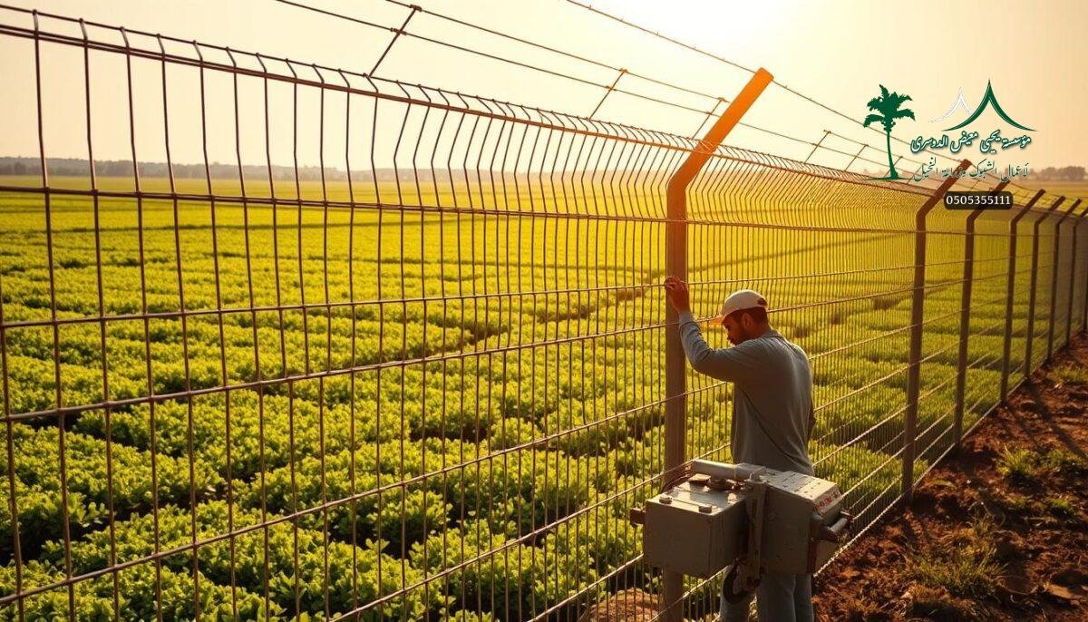 A high-quality galvanized wire mesh fence takes shape against the backdrop of a lush, verdant Saudi Arabian farmland. Rugged workers expertly weave the sturdy metal strands, crafting a robust barrier that will withstand the region's harsh environmental conditions. The fence's intricate pattern casts dynamic shadows, creating a play of light and form. Precision machinery and tools glint in the warm, golden sunlight, reflecting the care and attention to detail invested in this rural security solution. The scene exudes a sense of strength, reliability, and a commitment to safeguarding the valuable agricultural resources of Bisha.