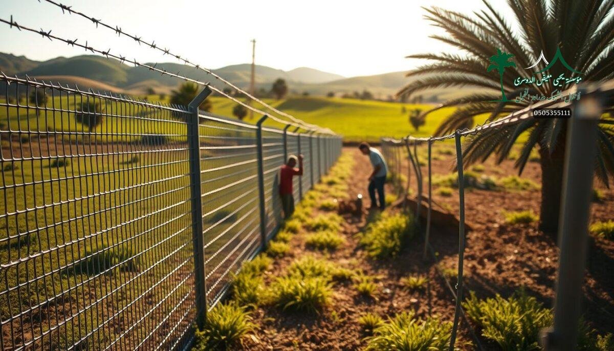 A high-quality, heavy-duty security fence casts long shadows across a lush, verdant farm landscape in Saudi Arabia. Gleaming steel mesh panels, reinforced with sharp barbed wire, rise up in the foreground, conveying a sense of robust protection. In the middle ground, farmhands expertly install the fence, their movements precise and calculated. The background features rolling hills dotted with date palms, hinting at the agricultural abundance the fence is designed to safeguard. Harsh, directional sunlight bathes the scene, imbuing it with a sense of purpose and vigilance. The overall mood is one of reliable security and unwavering vigilance, perfectly suited to guard the valuable resources of the Jouf region.