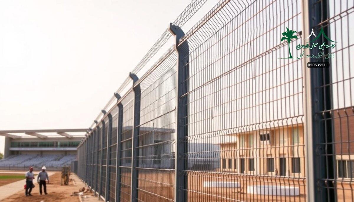 A high-quality, industrial-grade electric fence stands tall, its tightly woven steel mesh glinting under the warm Saudi sun. Sturdy metal posts support the fence, their robust construction ensuring lasting durability. In the foreground, a team of workers carefully installs the fence, their movements precise and efficient. The fence's design seamlessly blends form and function, providing reliable security and protection for the sports facilities in Taif. The background features a modern, well-maintained sports complex, its sleek architecture complementing the fence's industrial aesthetic. The overall scene conveys a sense of strength, safety, and attention to detail, perfectly suited for the article's focus on the robust fencing solutions employed in the Taif 2026 sports facilities.