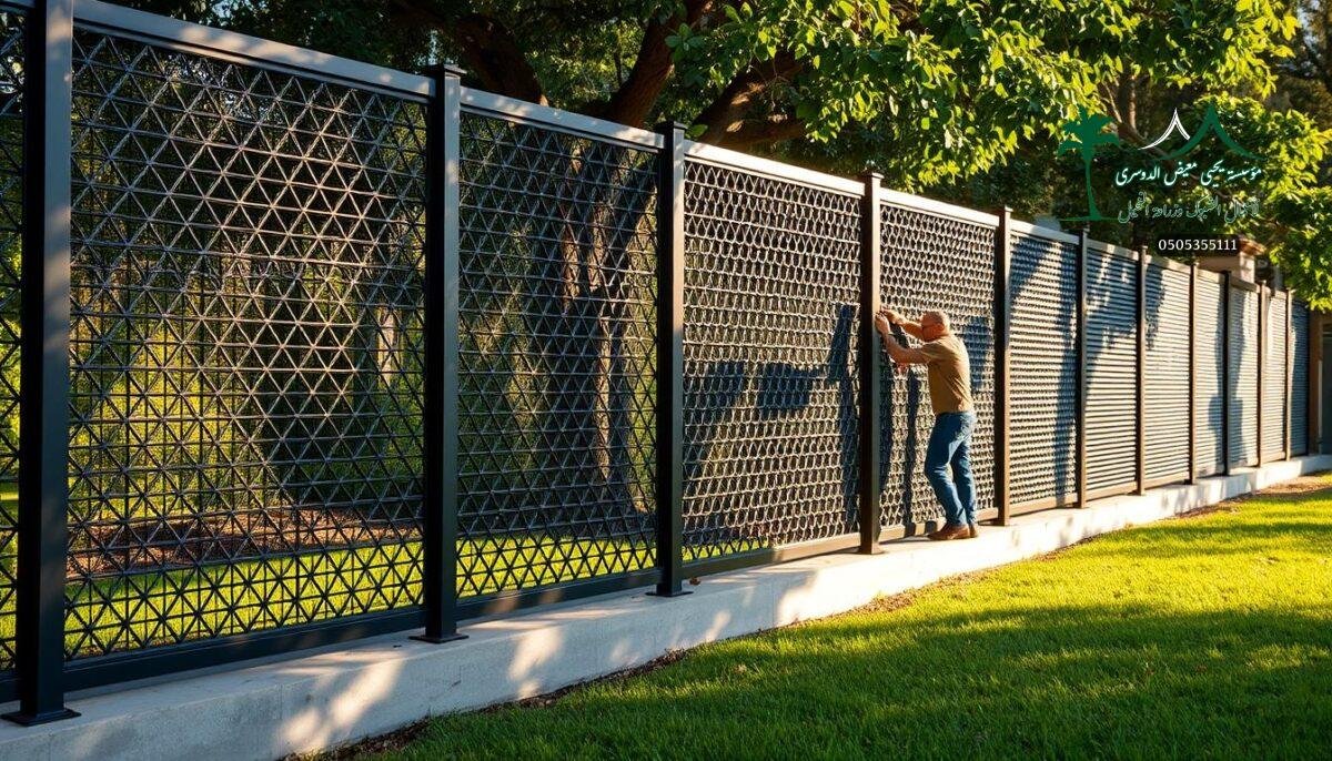 A high-quality, intricate metal mesh security fence is being meticulously installed by skilled workers on a lush, verdant property. The fence's elegant lattice pattern casts dynamic shadows, creating a sense of depth and visual interest. Warm, diffused lighting illuminates the scene, highlighting the fence's sleek, modern design and the workers' precise craftsmanship. The fence seamlessly blends form and function, providing top-tier security while complementing the property's luxurious, meticulously landscaped aesthetic. Every detail, from the fence's sturdy construction to the workers' attentive precision, reflects the unwavering commitment to quality and durability.