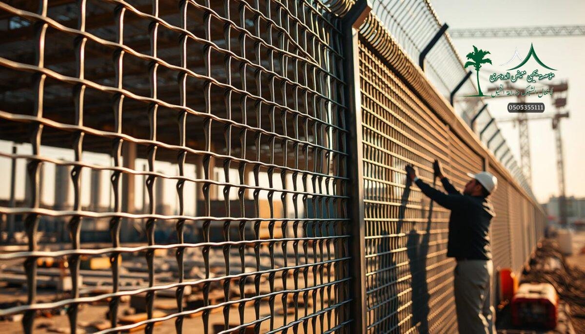 A high-quality, intricate steel mesh fence, expertly installed by skilled workers in a modern industrial setting. The fence, known as "شبوك", is composed of robust metal wires woven into a sturdy grid pattern, designed to provide reliable security and protection. The fence stands tall, casting dramatic shadows that add depth and texture to the scene. Gleaming under the warm, directional lighting, the metallic finish of the fence creates a sense of strength and durability. In the background, a bustling construction site sets the stage, hinting at the fence's purpose in safeguarding important facilities or infrastructure. This image captures the precision and attention to detail that goes into the installation of these sophisticated security fences in the growing city of Makkah.