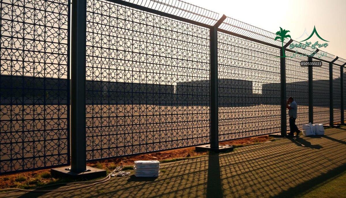 A high-quality, robust metal mesh fence standing tall against the elements, its intricate lattice pattern casting dramatic shadows across the sun-dappled ground. Sturdy steel posts anchor the weatherproof barrier, designed to withstand the harshest environmental conditions in Saudi Arabia. Skilled workers meticulously install the fence, ensuring a seamless, secure perimeter that blends form and function. The fence's sleek, minimalist aesthetic complements the modern, well-maintained landscape, radiating an aura of reliability and long-lasting durability. Soft, diffused lighting accentuates the fence's clean lines and distinctive metallic sheen, capturing the essence of quality craftsmanship and enduring protection.