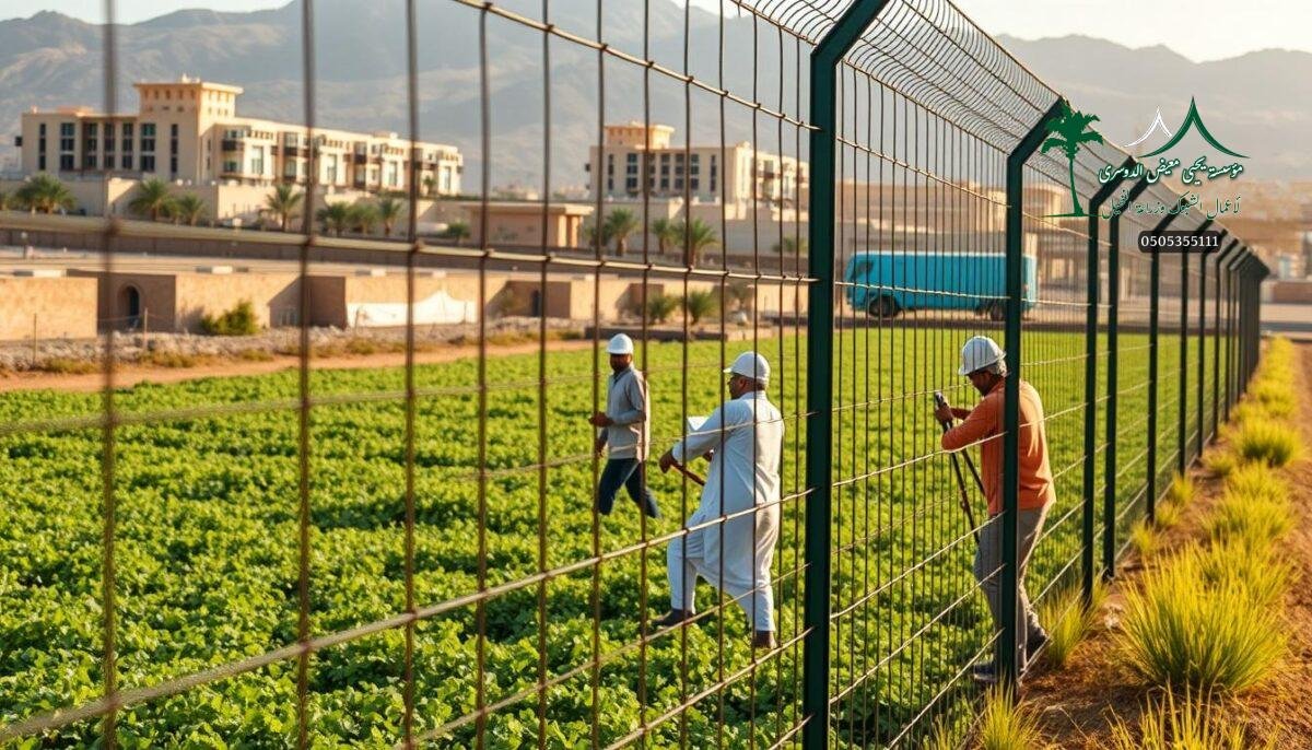A high-resolution image of a modern farm in Tabuk, Saudi Arabia, where a team of skilled workers is expertly installing a sturdy metal mesh fence system. The scene depicts the foreground with the workers diligently at work, using specialized tools and equipment. In the middle ground, the fence panels seamlessly blend with the surrounding lush, verdant landscape, showcasing the integration of security and environmental harmony. The background features the distinctive architecture and infrastructure of the region, creating a cohesive and visually striking composition. The lighting is natural and warm, highlighting the precision and dedication of the workers as they contribute to the ongoing development of the Tabuk farm project.