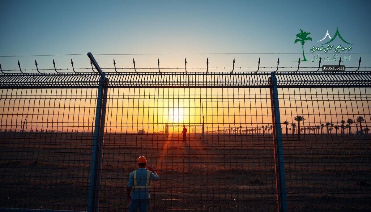 A high-security compound fence in a modern Saudi Arabian farm, consisting of sturdy metal mesh panels topped with sharp, electrified barbs. The fence stands tall, casting long shadows as the sun dips below the horizon. Workers in safety gear carefully install the formidable barrier, ensuring maximum protection against intruders. The scene conveys a sense of strength, vigilance, and the latest advancements in agricultural security fencing technology. Crisp lighting highlights the gleaming metal components, while the blue-tinged sky and distant palm trees create a serene yet imposing atmosphere.