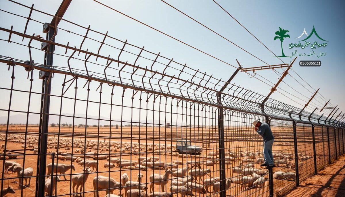 A high-security fence composed of interlocking metal bars and sharp spikes towers against a backdrop of a modern Saudi Arabian farm. Powerful electrical currents ripple through the wire mesh, creating an intimidating barrier designed to deter any would-be intruders. Skilled workers meticulously install the sturdy fencing, ensuring maximum protection for the valuable agricultural assets within. Bright sunlight casts dramatic shadows, emphasizing the fence's imposing presence and formidable strength. The scene conveys a sense of uncompromising security, with the sophisticated electronic and physical deterrents working in harmony to safeguard the vital operations of the modern farmstead.