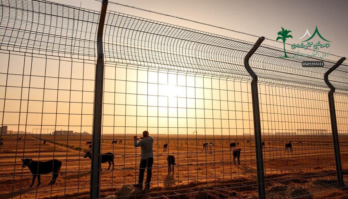 A high-security metal mesh fence, known as "شبوك حماية", stands tall against the sun-drenched backdrop of a modern Saudi Arabian farm. Sturdy steel posts support the tightly woven wire panels, creating an impenetrable barrier that blends functionality and visual appeal. Skilled workers carefully install the fence, ensuring its seamless integration with the rural landscape. The fence's sleek, industrial design conveys a sense of safety and protection, while its neutral tones harmonize with the earthy hues of the surrounding environment. Shadows cast by the fence's geometric patterns add depth and texture, highlighting its robust construction. This image showcases the pivotal role of these secure fences in safeguarding the vital agricultural and residential areas of the Riyadh region.