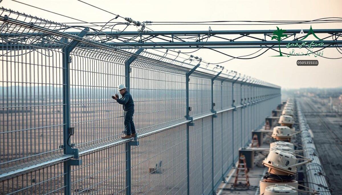 A high-tech electrical fence system in Jubail, Saudi Arabia in 2026. Sleek, modular metal panels interlocked in a contemporary design, stretching across a vast industrial landscape. Skilled technicians carefully install the fence, their movements captured in crisp, cinematic detail. The fence's intricate wiring and sensors blend seamlessly with the modern, minimalist aesthetic. Soft, diffused lighting highlights the fence's polished surfaces, creating an atmosphere of sophisticated security and innovation. The scene conveys the cutting-edge technology transforming the region's industrial infrastructure, poised to redefine the standards of safety and efficiency.