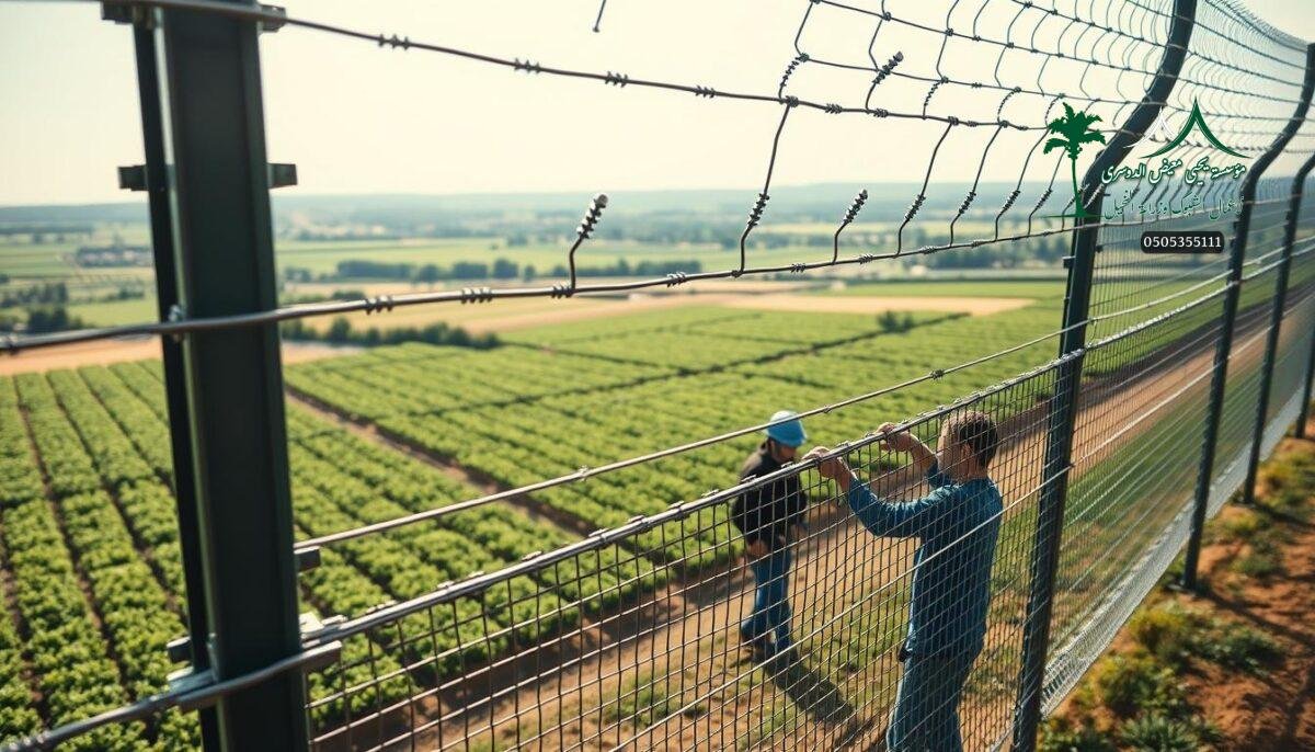 A high-tech security barrier looms in the foreground, its electrified wires and spiky edges casting a foreboding presence. In the middle ground, workers carefully install the sleek, metallic mesh panels, their skilled hands weaving the intricate patterns. The background reveals a sprawling modern farm, its verdant landscape contrasting with the imposing fence. Diffused sunlight filters through, casting dynamic shadows and highlighting the robust construction. This image captures the essence of a cutting-edge, high-security barrier designed to protect valuable assets with both electrical and physical deterrents.