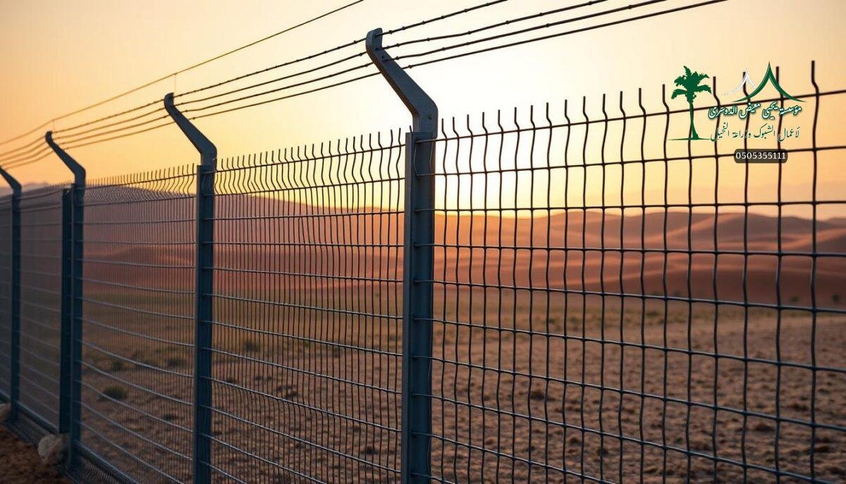A high-tension electric and spiked fence stands guard over a modern Saudi Arabian farm. The sleek metal mesh panels are expertly installed by skilled workers, creating an imposing yet elegant security barrier. Sunlight glints off the sharp points, conveying an aura of strength and vigilance. In the distance, rolling desert dunes provide a rugged backdrop, while the warm hues of the sky lend an air of tranquility. This fusion of industrial design and natural elements reflects the blend of tradition and innovation shaping the future of Arabian agriculture.