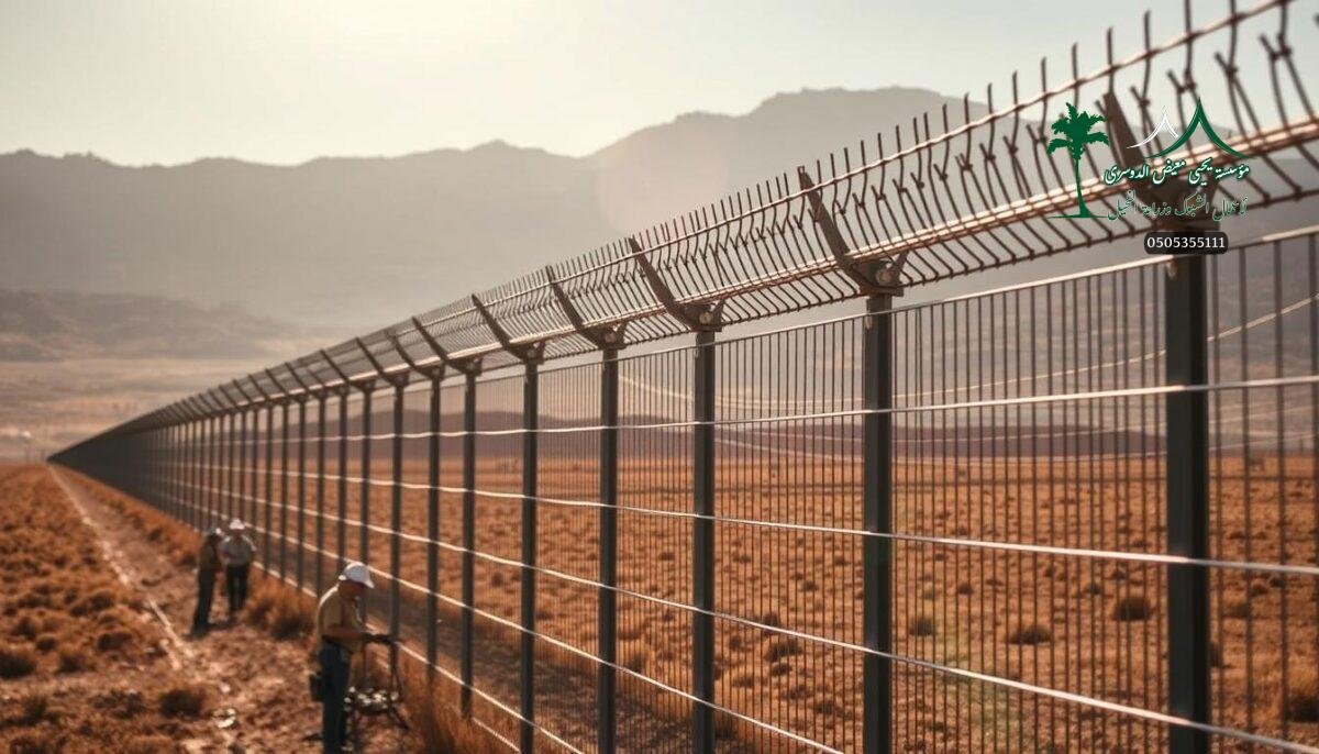 A high-tension electric fence stands tall, its metal strands gleaming in the warm desert sun. Rows of sharp, interlocking steel spikes crown the top, creating an imposing barrier against intruders. In the foreground, a team of skilled technicians carefully install the specialized security fencing, ensuring each connection is secure and the system is fully operational. The fenceline stretches across the expansive farmland, blending seamlessly with the rugged terrain. A sense of strength and vigilance permeates the scene, conveying the robust protection these advanced agricultural barriers provide. Dramatic lighting casts long shadows, heightening the dramatic impact of this modern, engineered security solution.