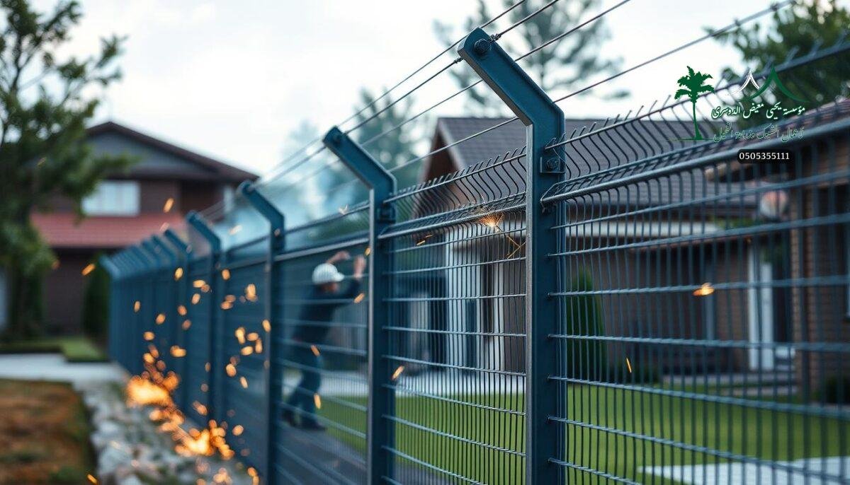 A high-voltage electric fence stands guard, its sharp barbs and metal mesh creating an impenetrable barrier. Sleek, modern design blends seamlessly with the surrounding landscape, a testament to the fence's functionality and aesthetic appeal. Sparks crackle in the air, hinting at the fence's formidable power, as skilled workers meticulously install the system, ensuring maximum security for the property. The scene exudes an aura of strength and protection, perfectly embodying the concept of "شبوك كهربائية" and its role in safeguarding homes and facilities.