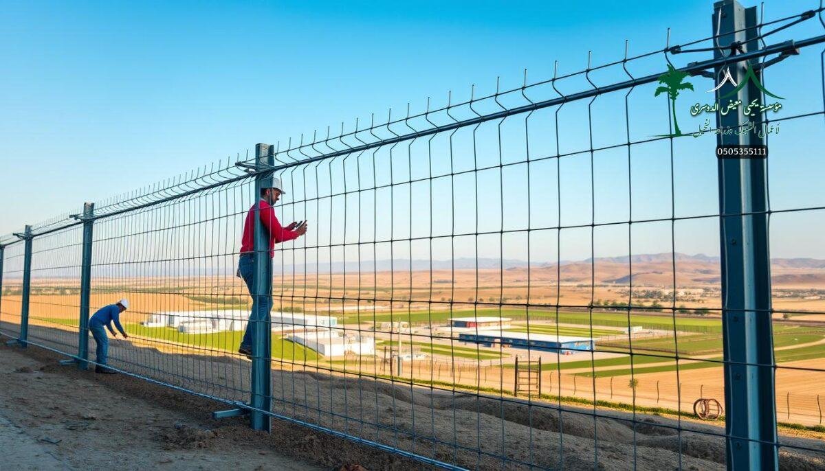 A high-voltage electric fence stands tall, its metal spikes gleaming in the sunlight. In the foreground, workers carefully install the sturdy mesh, securing it to the ground with precision. The fence stretches out, creating a protective barrier against trespassers. In the middle ground, a modern farm or sports facility comes into view, its buildings and fields neatly arranged. The background is a sweeping vista of the Saudi Arabian landscape, with rolling hills and a clear blue sky. The lighting is natural and evenly distributed, accentuating the intricate details of the fence's construction. This image conveys a sense of security, safety, and professionalism in the installation of this specialized electrical fencing system.