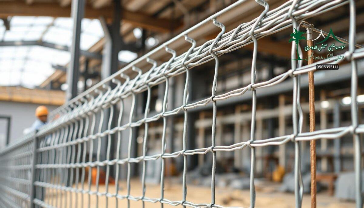 A highly detailed image of sturdy, galvanized steel wire mesh fencing, commonly known as "shubuk" in Saudi Arabia. The fencing material is composed of thick, rigid metal wires woven into a robust, uniform grid pattern. The fencing is being installed by workers in a modern, industrial setting, showcasing its use in agricultural, security, and sports applications across the region. The image should capture the strength, durability, and versatility of this essential construction material, with a focus on its technical specifications and practical applications in the Dammam area.