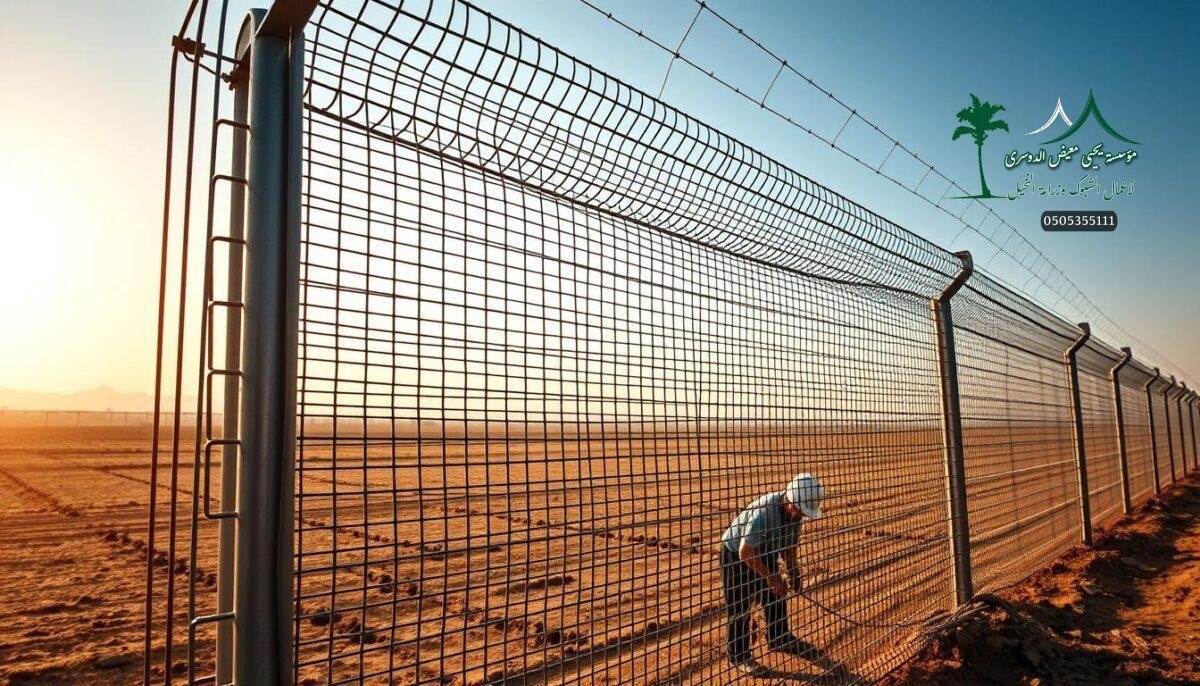 A highly durable and secure metal mesh fence rises against a backdrop of a modern Saudi Arabian farm. Thick steel bars form the sturdy frame, supporting intricate metal woven patterns that stretch across the expansive landscape. Sunlight casts warm, diffused illumination, highlighting the fence's rugged industrial design and emphasizing its purpose as a reliable barrier. In the foreground, skilled workers meticulously install the mesh, ensuring a seamless integration with the surrounding agricultural environment. The scene exudes a sense of strength, protection, and functionality, perfectly capturing the essence of the modern farm security fences of Qassim.