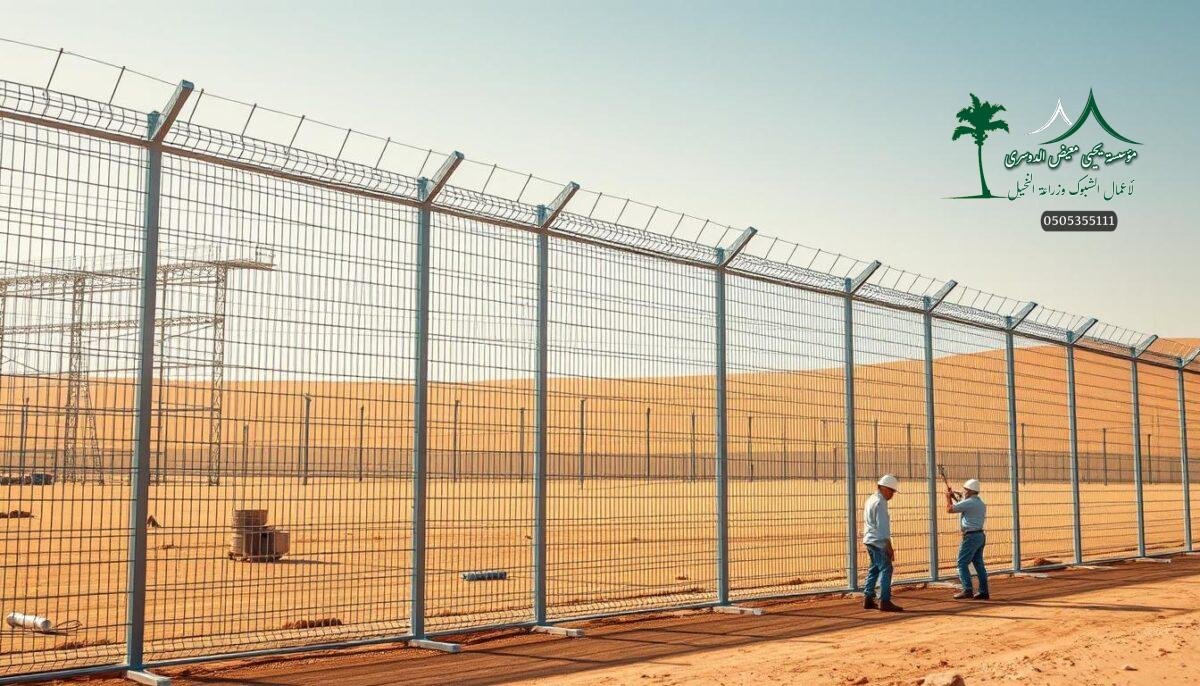 A large expanse of robust steel mesh fencing, its metallic sheen gleaming in the warm desert light. Sturdy galvanized steel posts support the intricately woven panels, creating a formidable barrier against potential intruders. In the foreground, skilled workers carefully install the fencing, meticulously aligning each section to ensure maximum strength and security. The fencing stretches across the landscape, its uniform design and clean lines reflecting the precision and craftsmanship of its construction. The scene conveys a sense of reliable protection, with the durable steel mesh serving as a reliable safeguard in the harsh Saudi Arabian environment.