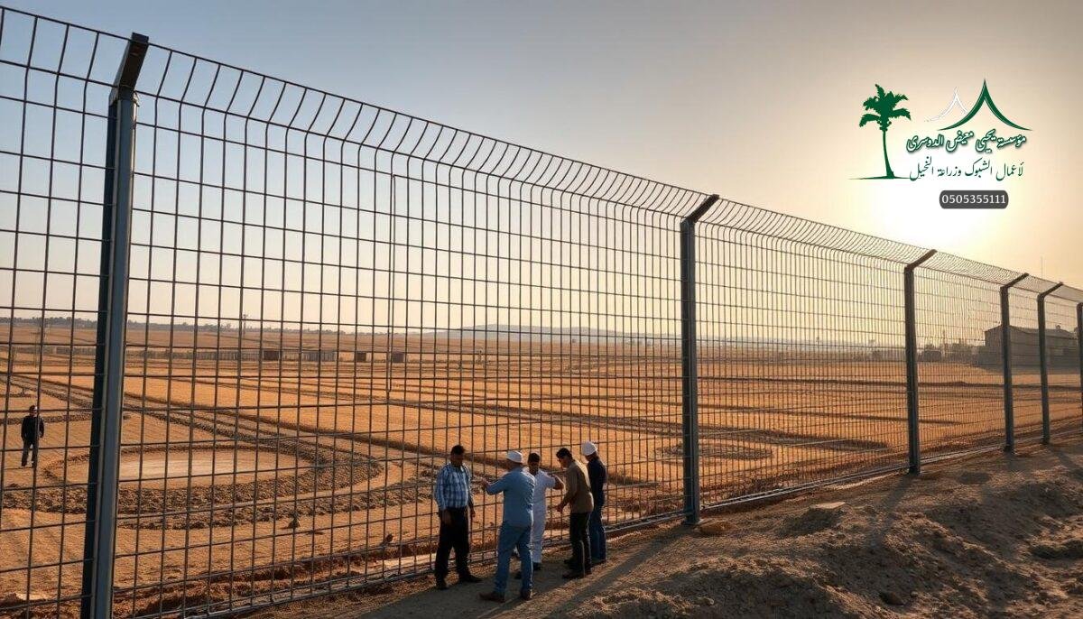 A large, heavy-duty galvanized iron mesh fence standing tall against a sun-drenched rural backdrop. Its sturdy, interlocking metal bars form a robust and uniform grid pattern, exuding an aura of unwavering protection. Sunlight glints off the smooth, zinc-coated surface, highlighting the fence's resilience to weathering and corrosion. In the foreground, a team of skilled workers carefully installs the fence, ensuring its precise alignment and secure anchoring to the ground. The scene conveys a sense of strength, security, and attention to detail – critical elements for a fence designed to safeguard a modern agricultural, sports, or residential setting in Saudi Arabia.