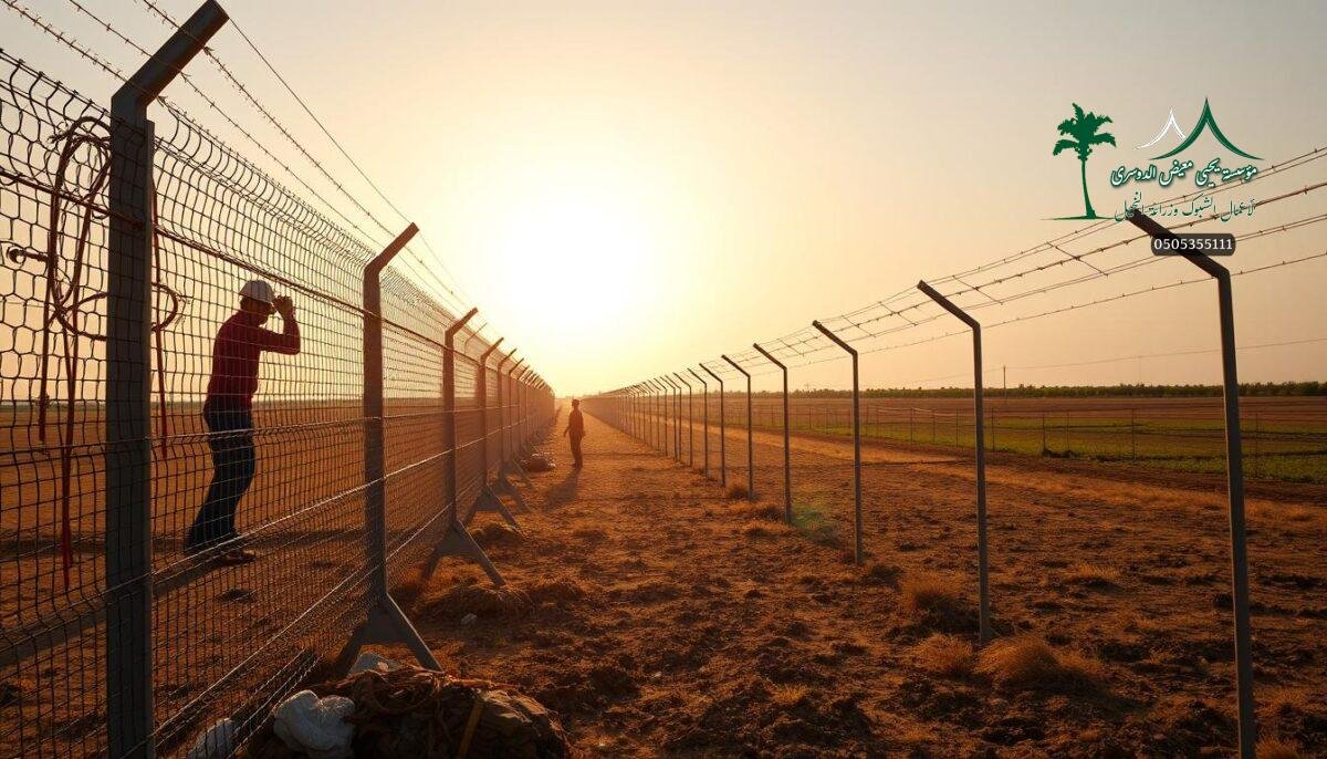 A large open field in rural Saudi Arabia, the sun casting a warm glow. In the foreground, workers expertly install a series of imposing security fences - sharp barbed wire and sleek electrified mesh seamlessly blending functionality and modern design. The midground features a diverse array of farm fencing, from classic wire mesh to sturdy metal poles, all built to withstand the rigors of the environment. In the distance, the horizon is dotted with lush greenery, hinting at the fertile agricultural landscape. The overall mood is one of robust protection, highlighting the security and quality that these specialized fences provide for modern Saudi farms.