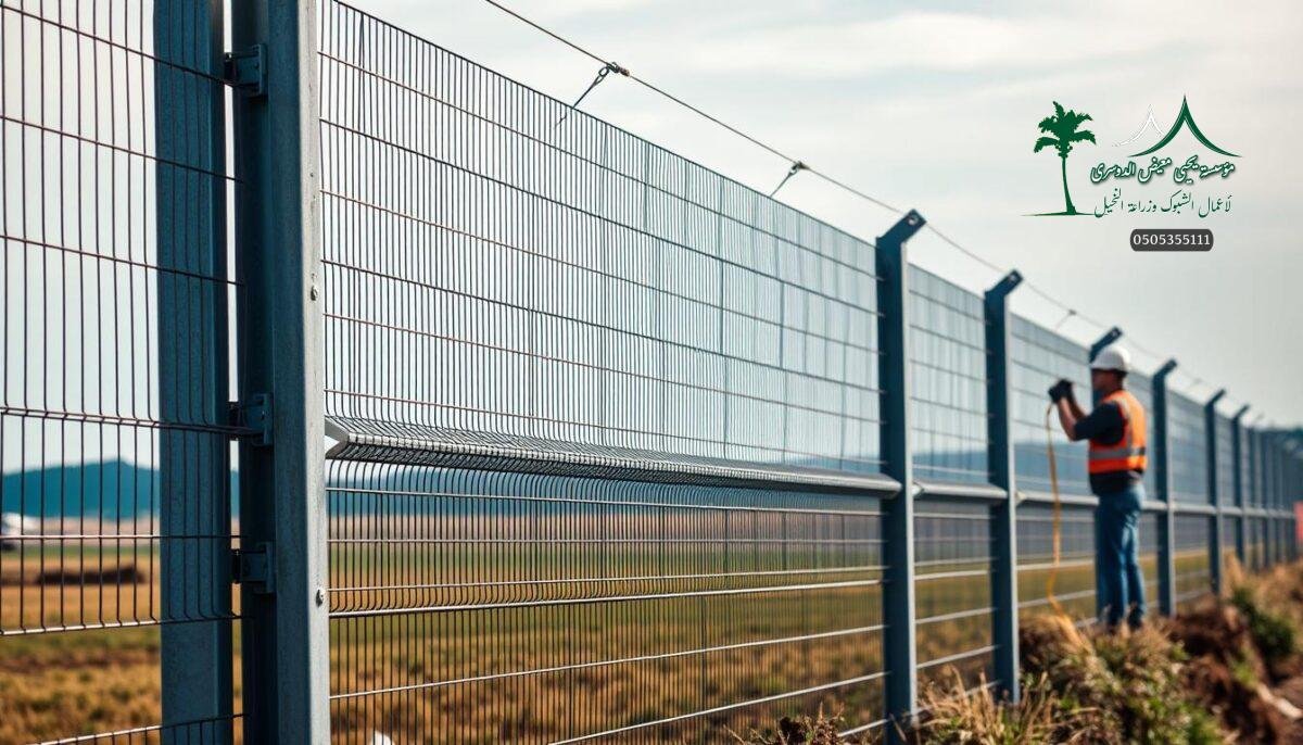 A large outdoor scene showcasing the installation of a high-quality steel mesh fence system. The fence features robust metal posts and horizontal rails, with a tightly woven metallic mesh panel running between them. The fence has a sleek, modern aesthetic that blends well with the surrounding rural landscape. Two skilled workers, wearing protective gear, are carefully securing the mesh panels in place, ensuring a precise and sturdy installation. Soft, diffused lighting filters through the scene, creating a sense of calm and attention to detail. The fence's sturdy construction and seamless integration with the environment convey a strong impression of durability and long-lasting performance.