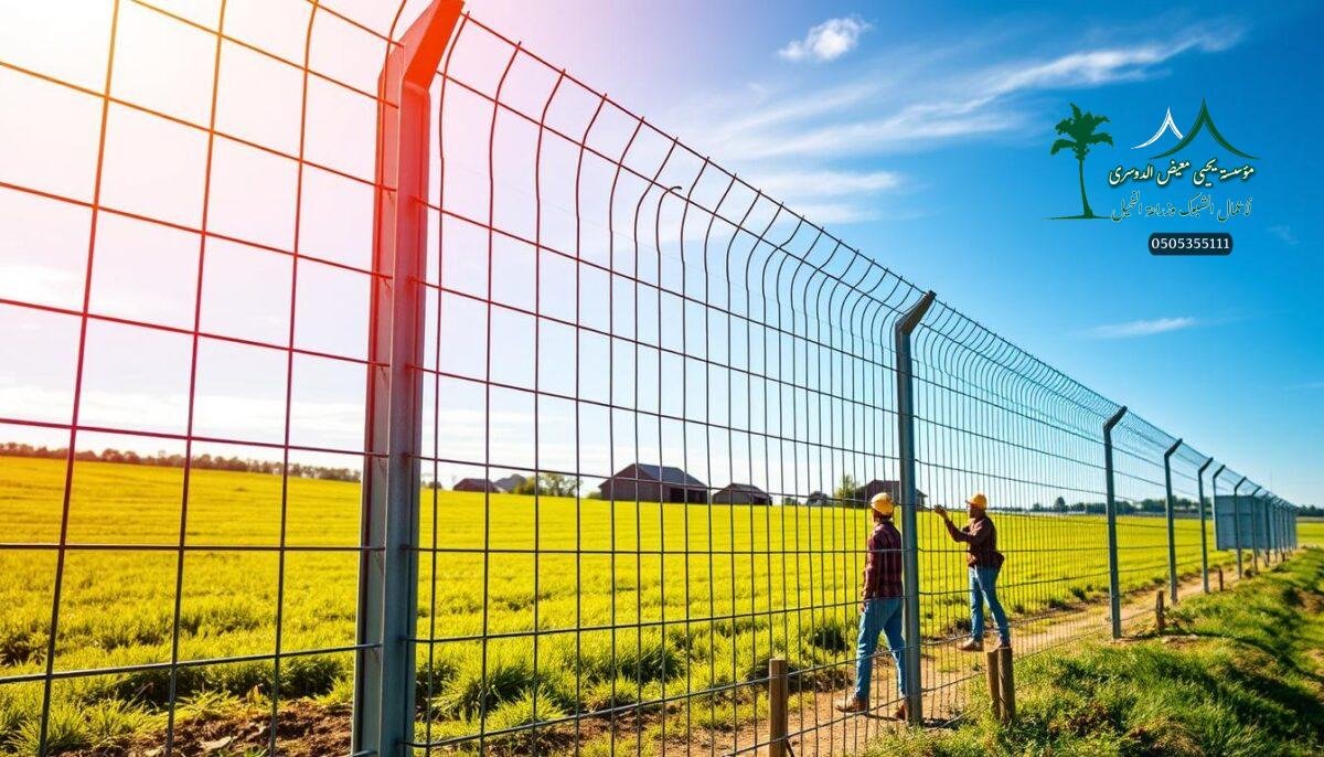 A large, well-crafted galvanized iron fence dominates the frame, its sturdy metal bars gleaming in the warm sunlight. The fence stretches across a pastoral scene, with a lush green field and a clear blue sky in the background. In the foreground, a team of skilled workers carefully installs the fence, their movements precise and efficient. The fence represents a durable, weatherproof solution for modern farm security and sports applications, seamlessly blending form and function. The overall atmosphere conveys a sense of strength, reliability, and attention to detail, perfectly capturing the essence of "شبوك حديد مجلفن" for the article on advanced engineering solutions in Onizah.