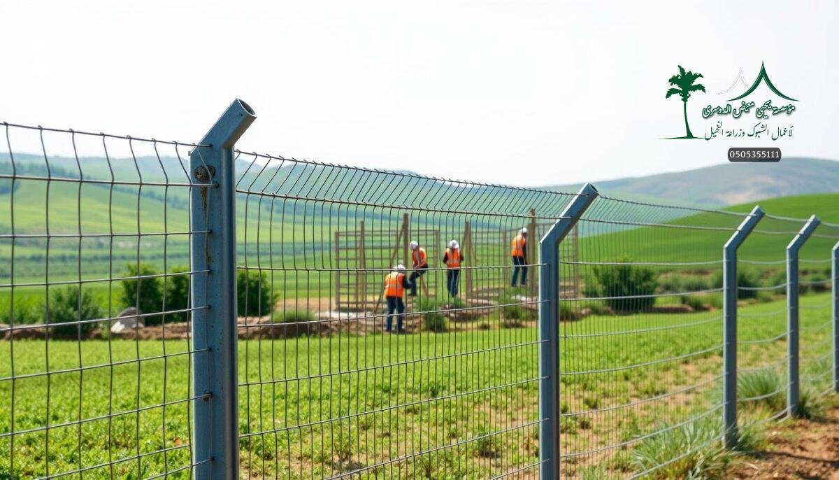 A large, well-maintained metal mesh fence stands prominently in the foreground, its sturdy steel posts and interwoven wire panels forming a secure barrier. In the middle ground, a group of workers in high-visibility safety gear can be seen diligently installing additional sections of the fence, their efforts captured in a candid, documentary-style composition. The background reveals a lush, verdant landscape, typical of the Khamis Mushait region of Saudi Arabia, where rolling hills and vibrant greenery create a picturesque setting for this modern farm security solution. The overall scene conveys a sense of both functionality and environmental harmony, highlighting the importance of these protective fences in the region's agricultural and pastoral context.