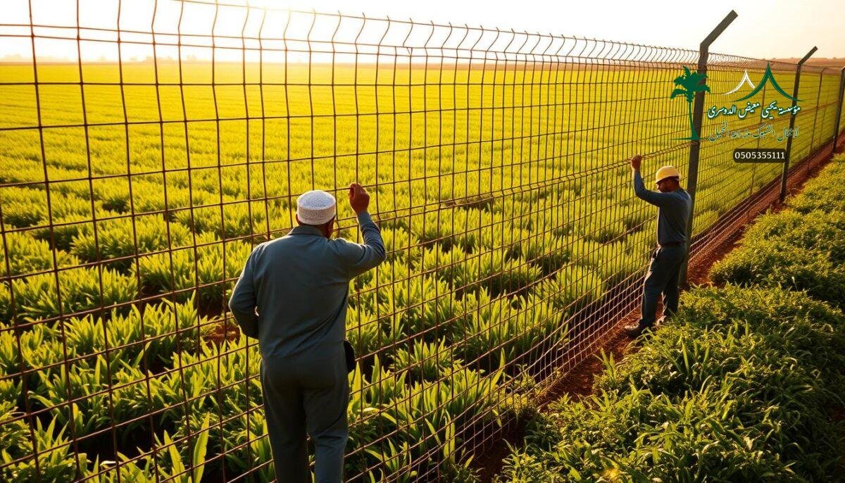 A lush green farm in the heart of Saudi Arabia, with skilled workers carefully installing a sturdy, yet elegant metal mesh fence. The fence, known as "Shabuk", seamlessly blends functionality and aesthetics, providing a secure perimeter while complementing the serene rural landscape. Warm sunlight filters through the intricate lattice work, casting dynamic shadows that dance across the well-tended fields. The scene exudes an air of professionalism and craftsmanship, showcasing the expertise required to construct the perfect "Shabuk" barrier for any agricultural or industrial setting.