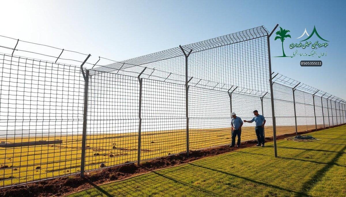 A lush, sprawling countryside in Saudi Arabia, where a team of skilled workers carefully install a robust, high-quality metal mesh fence system. The scene exudes an air of modern security and protection, with the intricate lattice-like structure casting dynamic shadows across the well-manicured landscape. Sunlight filters through the mesh, creating a sense of depth and texture, while the workers' diligent movements add a human element to the industrial process. The fence seamlessly integrates with the surrounding environment, blending form and function to deliver a comprehensive, state-of-the-art security solution.