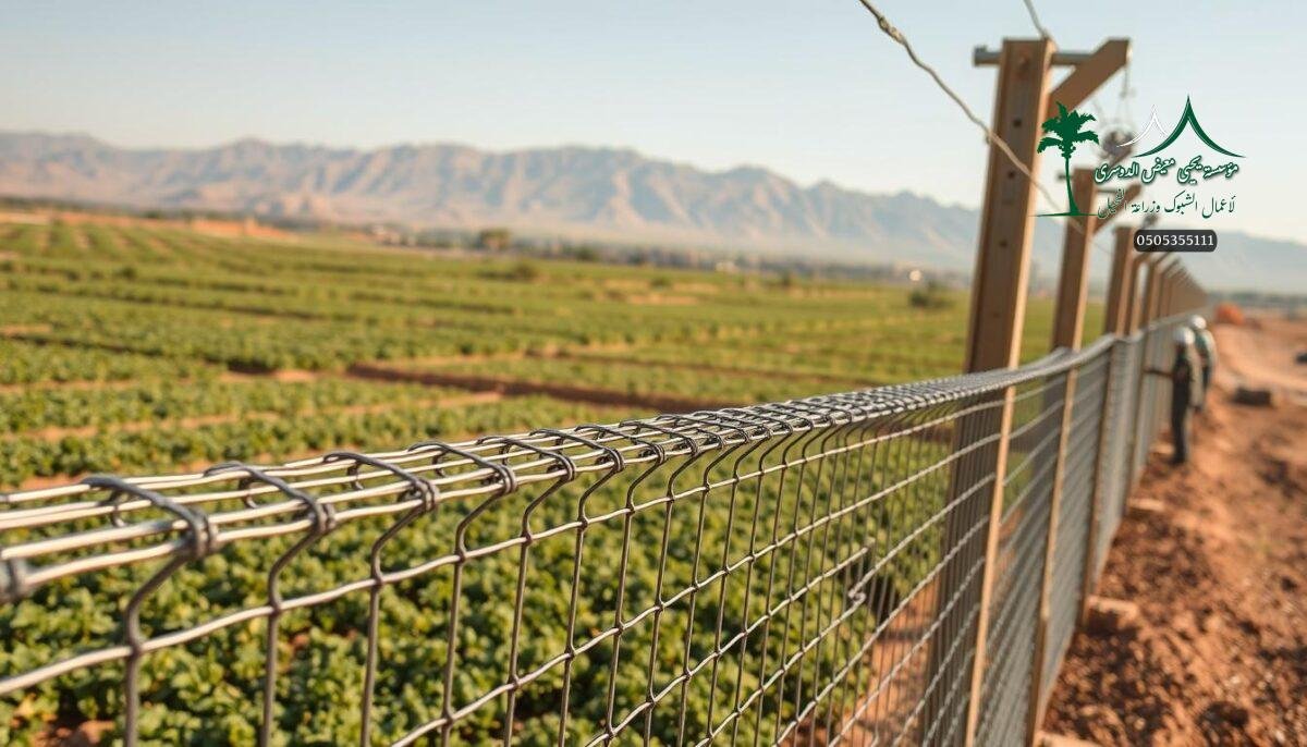 A lush, sprawling farm in Abha, Saudi Arabia, with a team of skilled workers meticulously installing a sturdy, weather-resistant metal mesh security fence. The foreground showcases the intricate weaving of the sturdy wire panels, while the middle ground reveals the expansive farmland dotted with vibrant greenery. In the background, the majestic Abha mountains rise, casting a serene atmosphere over the entire scene. Warm, natural lighting illuminates the hardworking laborers, capturing the essence of a thriving, modern agricultural community. The overall impression conveys a sense of security, efficiency, and the harmonious integration of industry and nature.