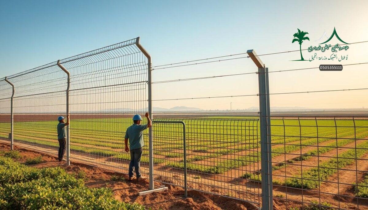 A lush, verdant farm in the heart of Qassim, Saudi Arabia. In the foreground, skilled workers meticulously install a robust, modern security fence, its metal mesh gleaming in the warm sunlight. The fence stands tall, a testament to its durability and the importance of safeguarding the fertile lands. In the middle ground, different fencing options are showcased, each offering unique benefits for the farm's needs - from sturdy wire mesh to sleek, decorative designs. The background depicts the expansive, picturesque landscape, hinting at the farm's thriving agricultural activities. The scene conveys a sense of security, protection, and harmony between the land, its caretakers, and the carefully chosen fencing solutions.