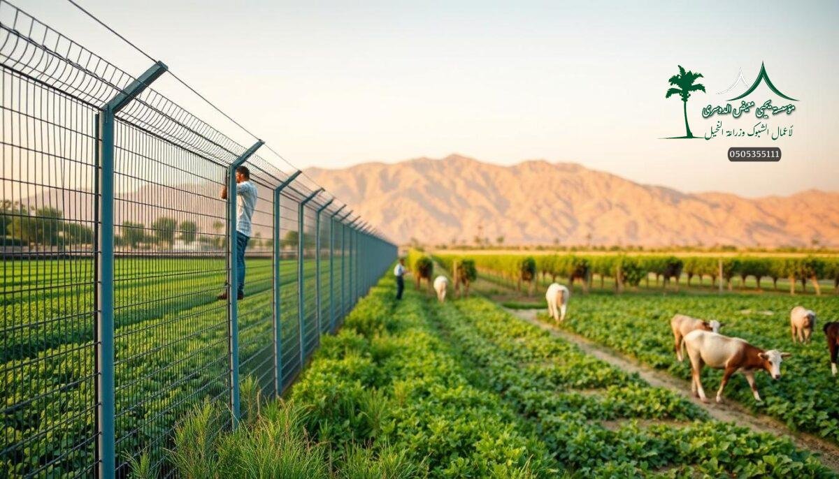 A lush, verdant farm landscape in Bisha, Saudi Arabia. In the foreground, a team of skilled workers carefully install a sturdy, high-quality metal mesh fence, designed to provide reliable security and boundary demarcation for the property. The fencing exhibits a sleek, modern aesthetic, seamlessly blending into the natural surroundings. In the middle ground, a variety of well-maintained crops and livestock can be seen, highlighting the farm's productivity. The background features a picturesque mountain range, bathed in warm, golden sunlight that casts a serene, tranquil atmosphere over the entire scene. The overall composition conveys a sense of harmony between the man-made and natural elements, showcasing the optimal balance of functionality and aesthetics for this modern Saudi Arabian farm.