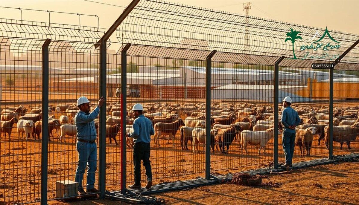 A meticulously constructed mesh fence system stands tall against the backdrop of a bustling modern farm in Arrass, Saudi Arabia. Sturdy metal posts and tightly woven wire panels create an impenetrable barrier, ensuring the security and safety of the property. In the foreground, skilled technicians carefully install the fence, their movements precise and efficient. The scene is bathed in warm, golden sunlight, casting long shadows and lending an air of diligence and purpose to the endeavor. The overall impression is one of high-quality, reliable protection tailored to the needs of this thriving agricultural community.
