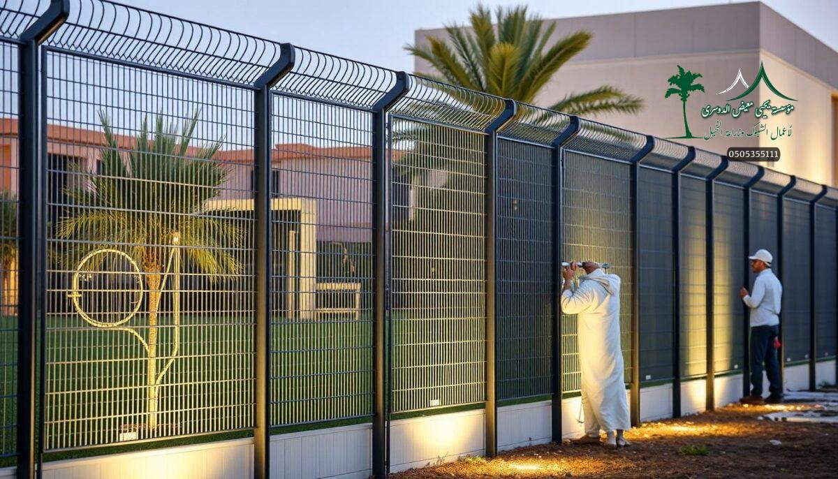 A meticulously crafted farm security fence adorns a contemporary Saudi Arabian landscape. Sleek metal mesh panels seamlessly blend function and aesthetic, offering robust protection while maintaining an elegant, minimalist appearance. The fence's modular design allows for versatile installation, seamlessly integrating with the surrounding architecture and natural elements. Skilled workers carefully position the panels, ensuring a harmonious integration that enhances the farm's overall visual appeal. Soft, diffused lighting casts a warm glow, accentuating the fence's subtle textures and creating a welcoming, inviting atmosphere. This fusion of form and function embodies the perfect balance for the modern, secure, and visually appealing farm or estate.