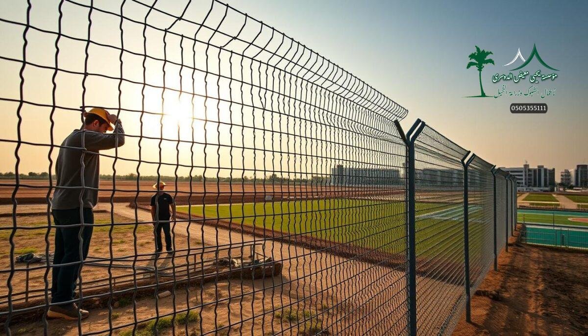 A meticulously crafted mesh of steel and aluminum, the farm and sports fences of Saudi Arabia's Al-Qatif region stand as symbols of security and safety. Under the warm glow of the sun, workers diligently install the intricate barrier, ensuring its seamless integration with the surrounding landscape. In the foreground, the mesh panels interlock, creating a sturdy and reliable perimeter. The middle ground showcases the fence's versatility, seamlessly transitioning from agricultural to recreational areas. In the distance, the fences stretch out, blending harmoniously with the modern buildings and lush greenery, radiating a sense of order and protection. This image conveys the unwavering commitment to safeguarding the community, a testament to the region's dedication to security and well-being.