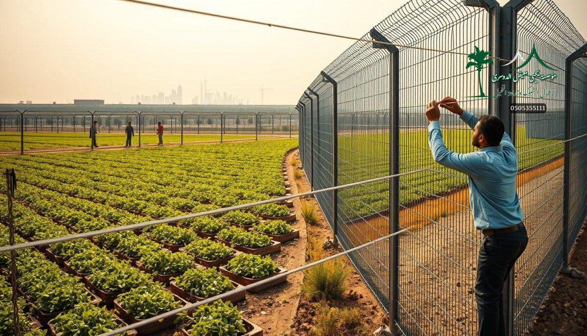 A modern agricultural compound in Khamis Mushait, Saudi Arabia. The foreground features workers carefully installing a sturdy metal mesh fencing system, with clean lines and a metallic sheen. In the middle ground, the fencing seamlessly integrates with the existing landscape, blending harmoniously with the lush greenery of the farm. The background showcases the vibrant city skyline, hinting at the dynamic setting. The lighting is warm and natural, casting a soft glow over the scene. The overall composition conveys a sense of functionality, security, and environmental cohesion, reflecting the high-quality craftsmanship and performance of the fencing system.