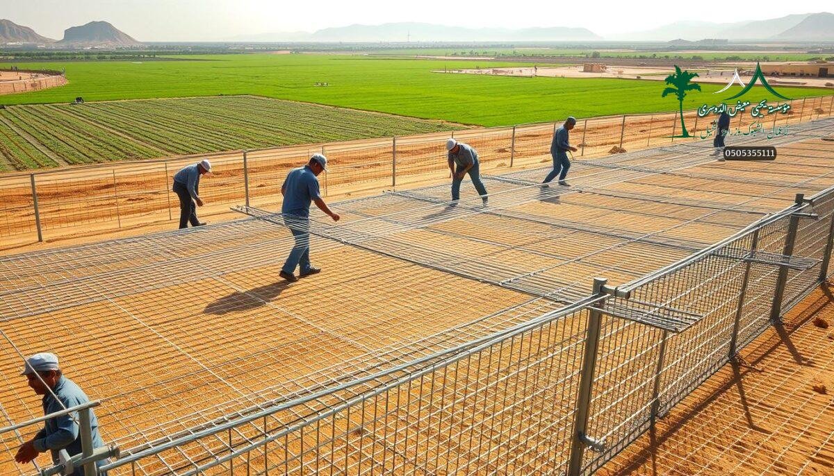A modern agricultural fencing installation scene in Tabuk, Saudi Arabia. A crew of skilled workers meticulously assembling high-quality metal mesh fencing across a sprawling farmland. The foreground captures the intricate process of stretching and securing the wire panels, while the middle ground showcases the systematic layout of the fencing infrastructure. In the background, lush green fields and distant desert hills create a picturesque Saudi landscape. Warm afternoon sunlight casts soft shadows, highlighting the precision and craftsmanship of the fencing project. The overall atmosphere conveys a sense of professional expertise and attention to detail in delivering an exceptional fencing solution for the local agricultural community.