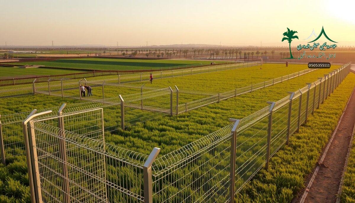 A modern agricultural landscape in Buraydah, Saudi Arabia. In the foreground, a team of skilled workers carefully install sleek, metallic security fencing, their movements choreographed with precision. The fences stretch out, forming an intricate grid pattern that weaves through the lush, verdant fields. The middle ground showcases a variety of fence designs, from sturdy wire mesh to elegant wrought-iron panels, all gleaming under the warm, golden light of the afternoon sun. In the background, a panoramic view of the rolling hills and distant palm trees, creating a harmonious blend of modernity and nature. The overall atmosphere exudes a sense of safety, efficiency, and the careful attention to detail that defines the engineering excellence of the region's fencing solutions.