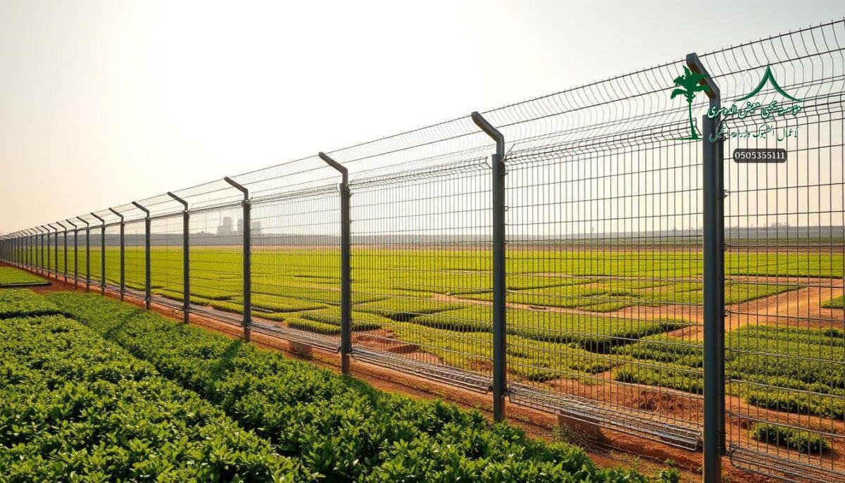A modern and robust protective fence system stands tall, its metal mesh panels glistening in the warm Saudi Arabian sunlight. Workers expertly install the sleek, gray structure, ensuring a secure perimeter around the expansive farmland. The fence's minimalist design blends seamlessly with the lush, verdant landscape, creating a harmonious visual balance. Sturdy steel posts and rails provide a strong, reliable barrier, conveying a sense of safety and security. The scene captures the essence of cutting-edge fence technology, perfectly suited for the region's modern agricultural and sports facilities.